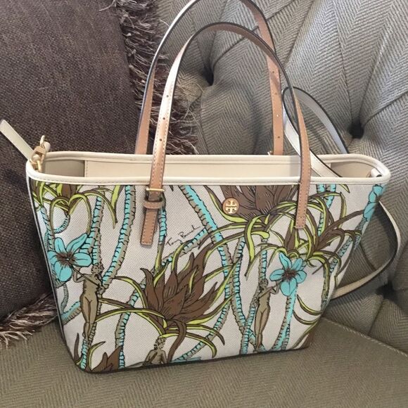 TORY BURCH NATURE PRINTED CANVAS TOTE FLOWERS PALMS BROWN TURQUOISE CREAM - Picture 11 of 12